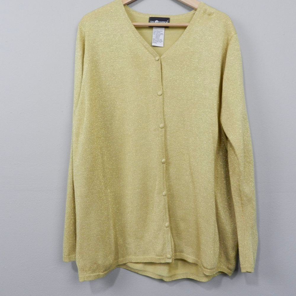 Vintage 90s Sag Harbor Cardigan Women Size L Gold Metallic V-Neck Button Front